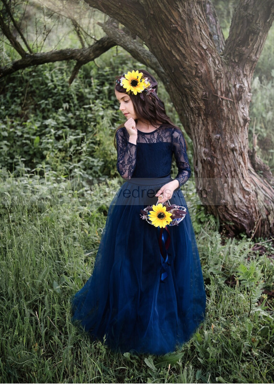 Long Sleeves Navy Blue Lace Tulle Rustic Flower Girl Dress